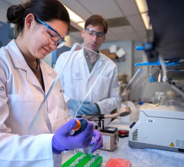 Researchers working at a lab bench