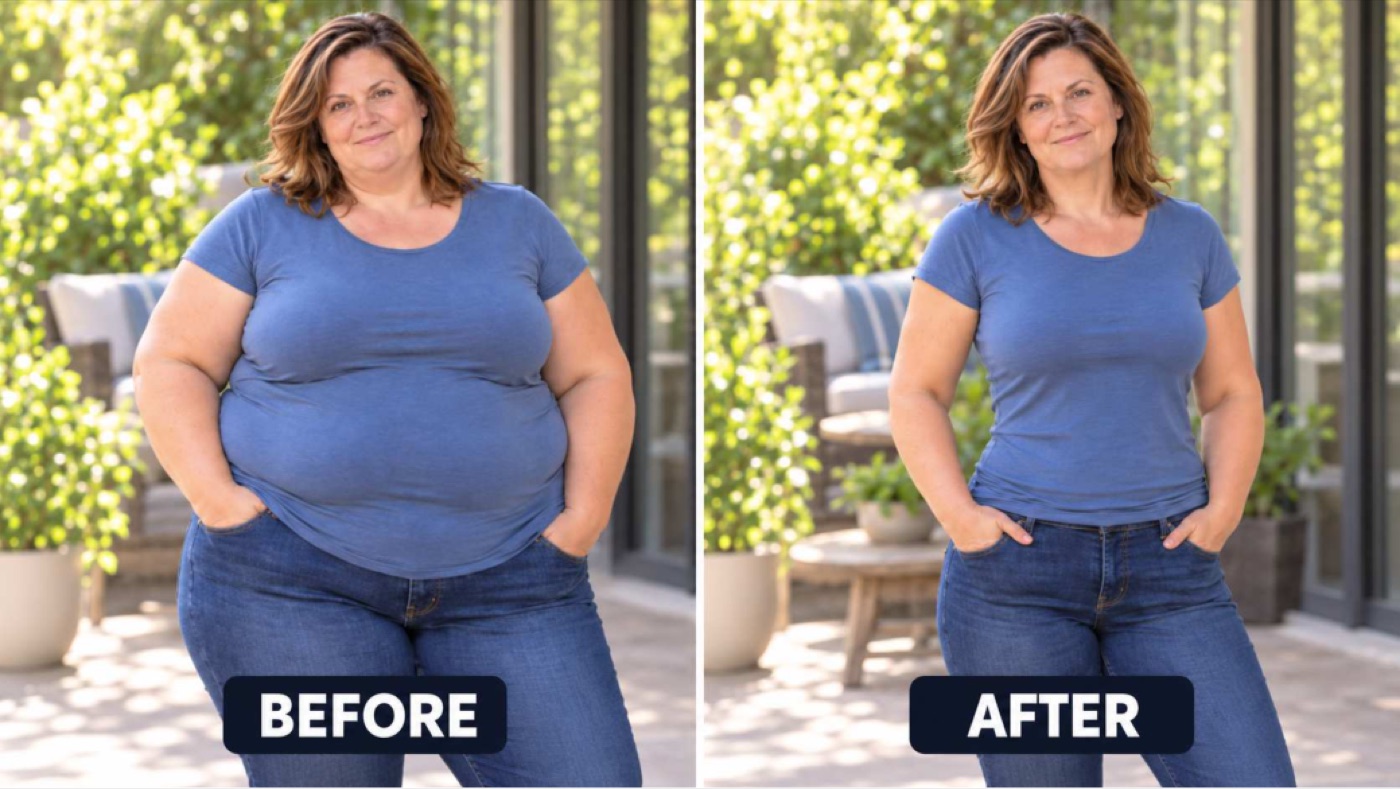 Side-by-side before and after photos of a woman in a blue T-shirt and jeans, appearing noticeably slimmer in the after image.