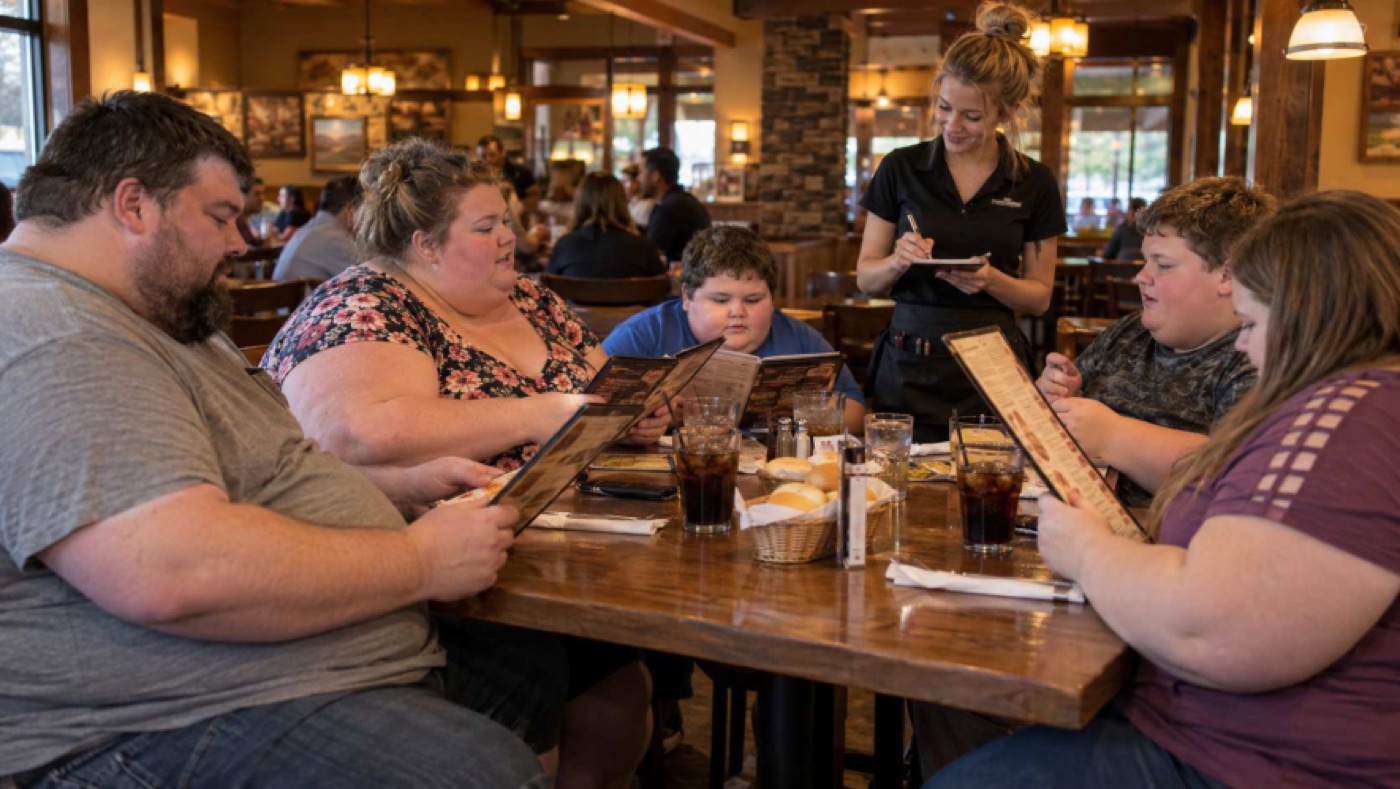 An overweight family reads menus at a restaurant table while a server takes their order.