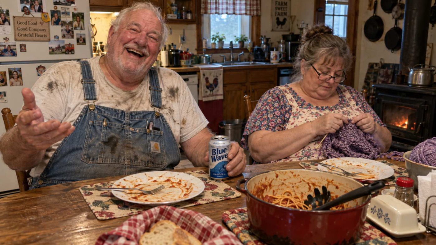 An older farmer in stained overalls laughs at a kitchen table while his wife knits beside a pot of spaghetti.