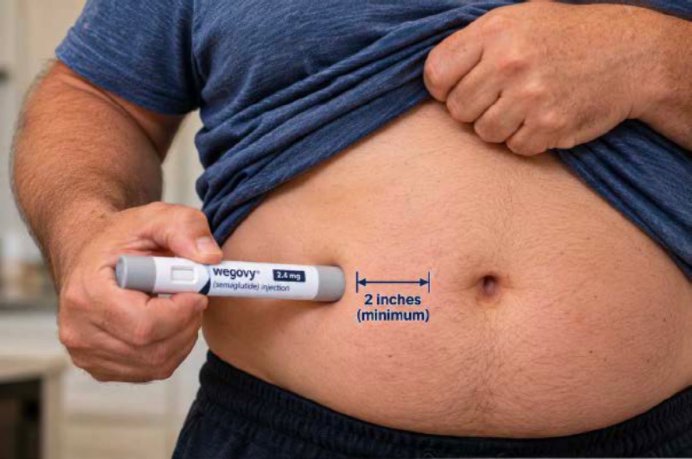 A man lifts his shirt to hold a Wegovy pen against his abdomen at least 2 inches from the navel.