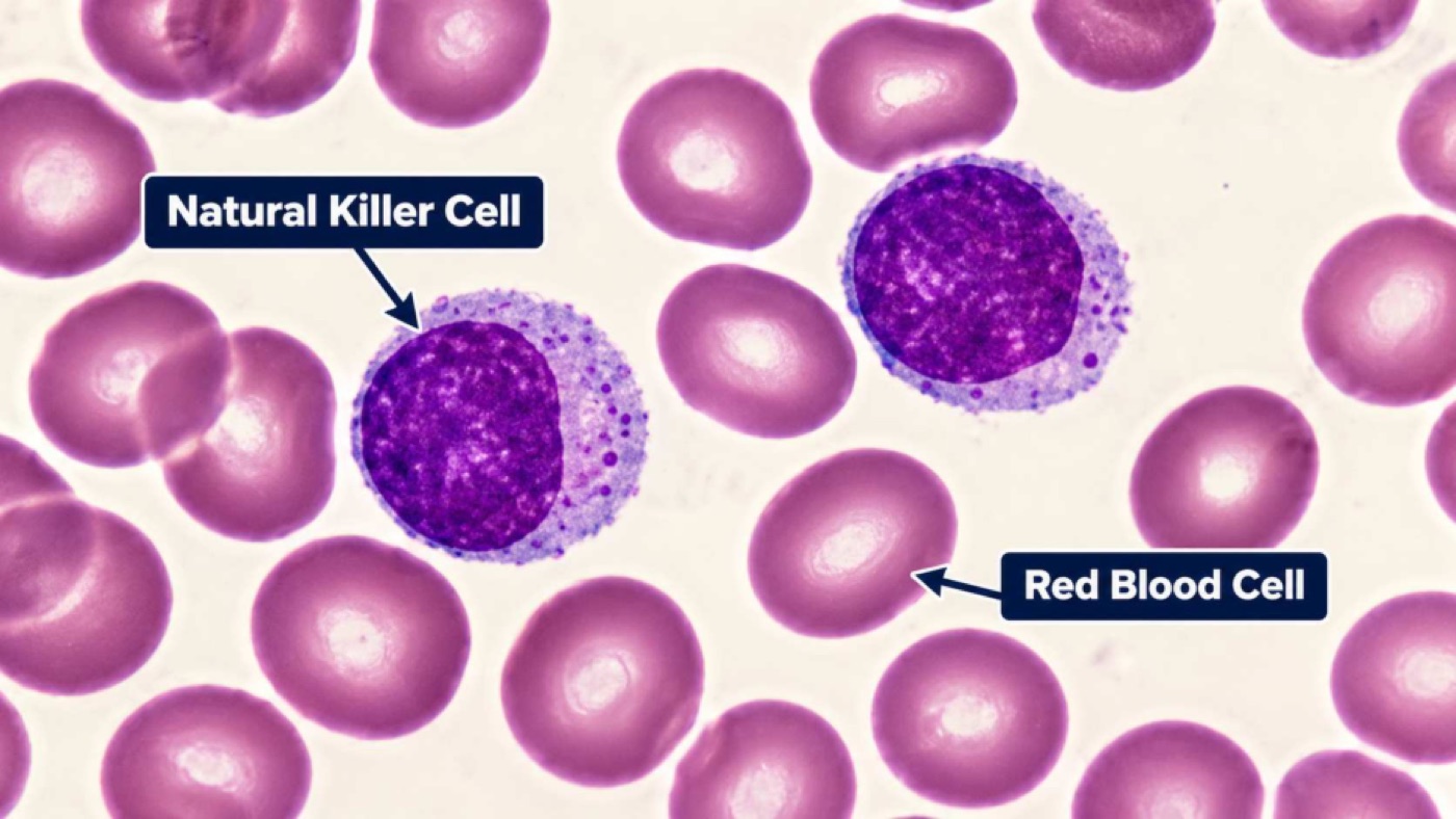A microscope image of purple natural killer cells labelled among pink red blood cells.