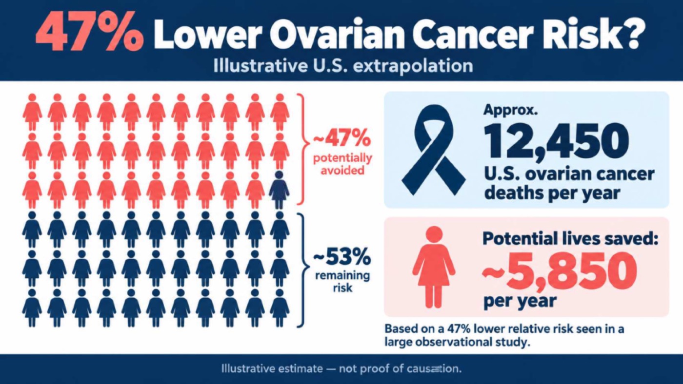 An infographic titled 47% Lower Ovarian Cancer Risk? showing an illustrative U.S. extrapolation of about 5,850 potential lives saved per year, labelled as not proof of causation.