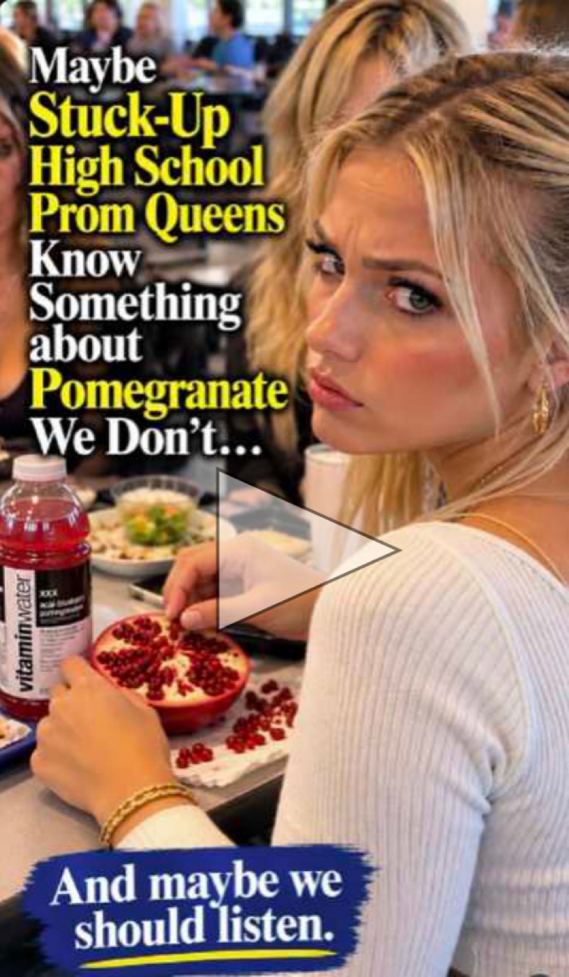 A social media graphic showing a blonde young woman eating pomegranate seeds with the caption about stuck-up prom queens knowing something about pomegranate, with a play button.