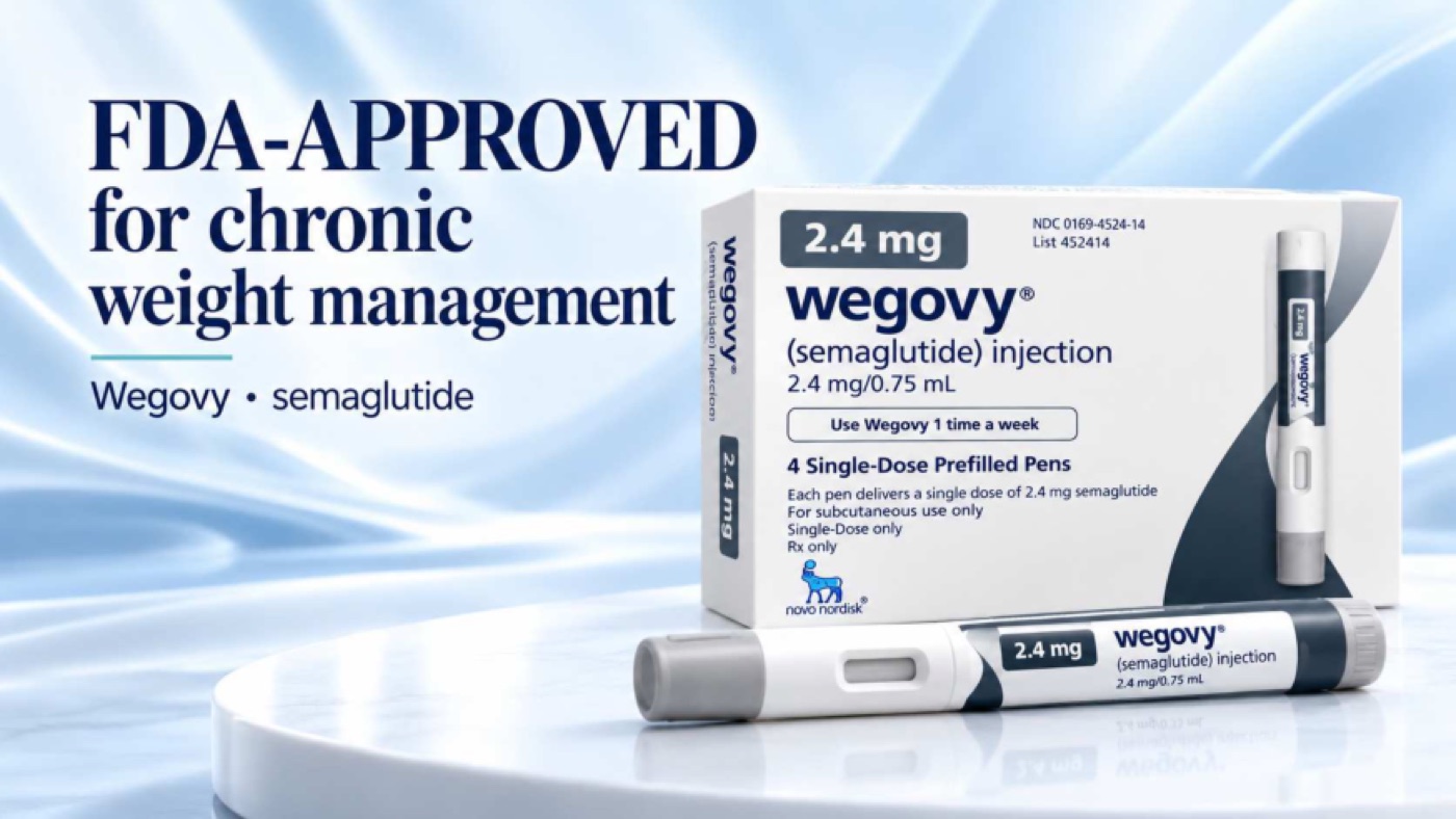 A promotional graphic of a Wegovy semaglutide 2.4 mg box and pen labelled FDA-approved for chronic weight management.