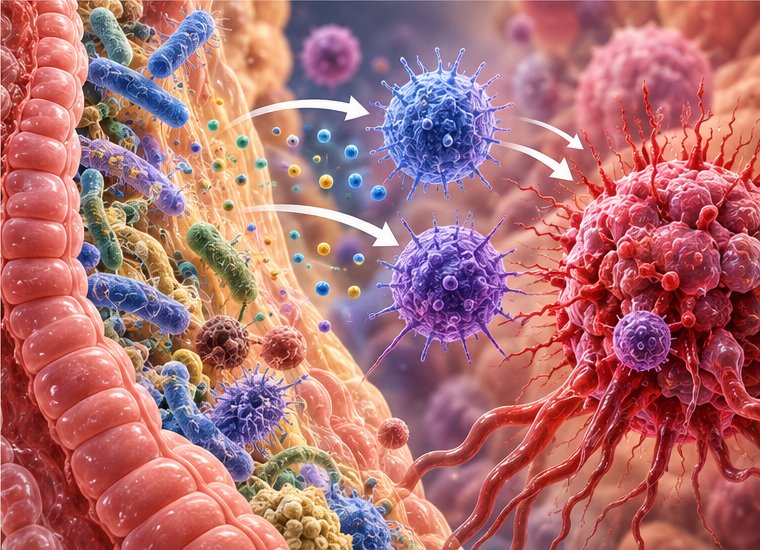 Gut bacteria signaling to immune cells that attack a tumor cell.