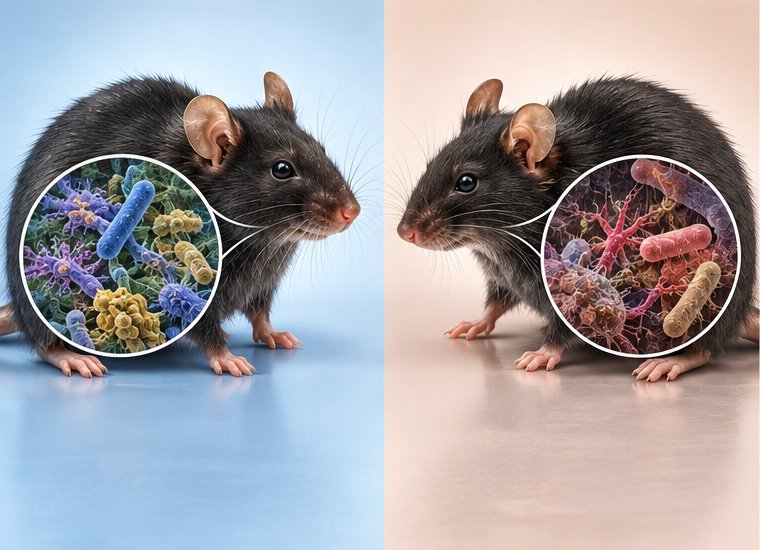 Two mice shown with different communities of intestinal bacteria.