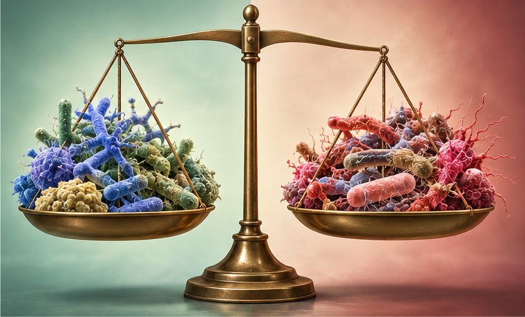 A balance scale weighing two different communities of gut bacteria against each other.